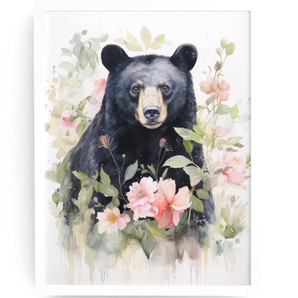 Watercolor Floral Black Bear Portrait Wall Art Illustration Print Unframed